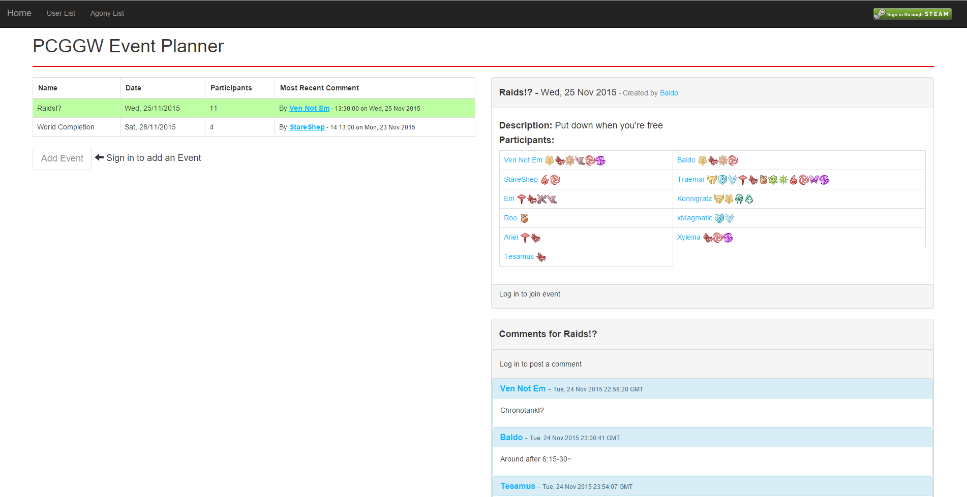 The main page displaying events and comments. Usernames link to user profile pages