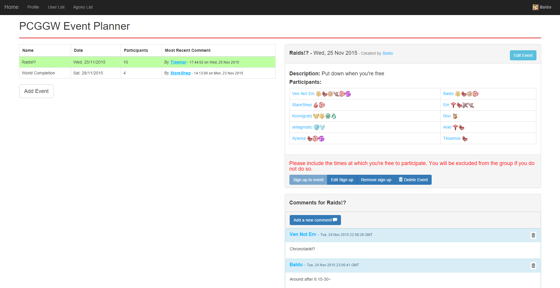 The main page after the user has signed in through Steam