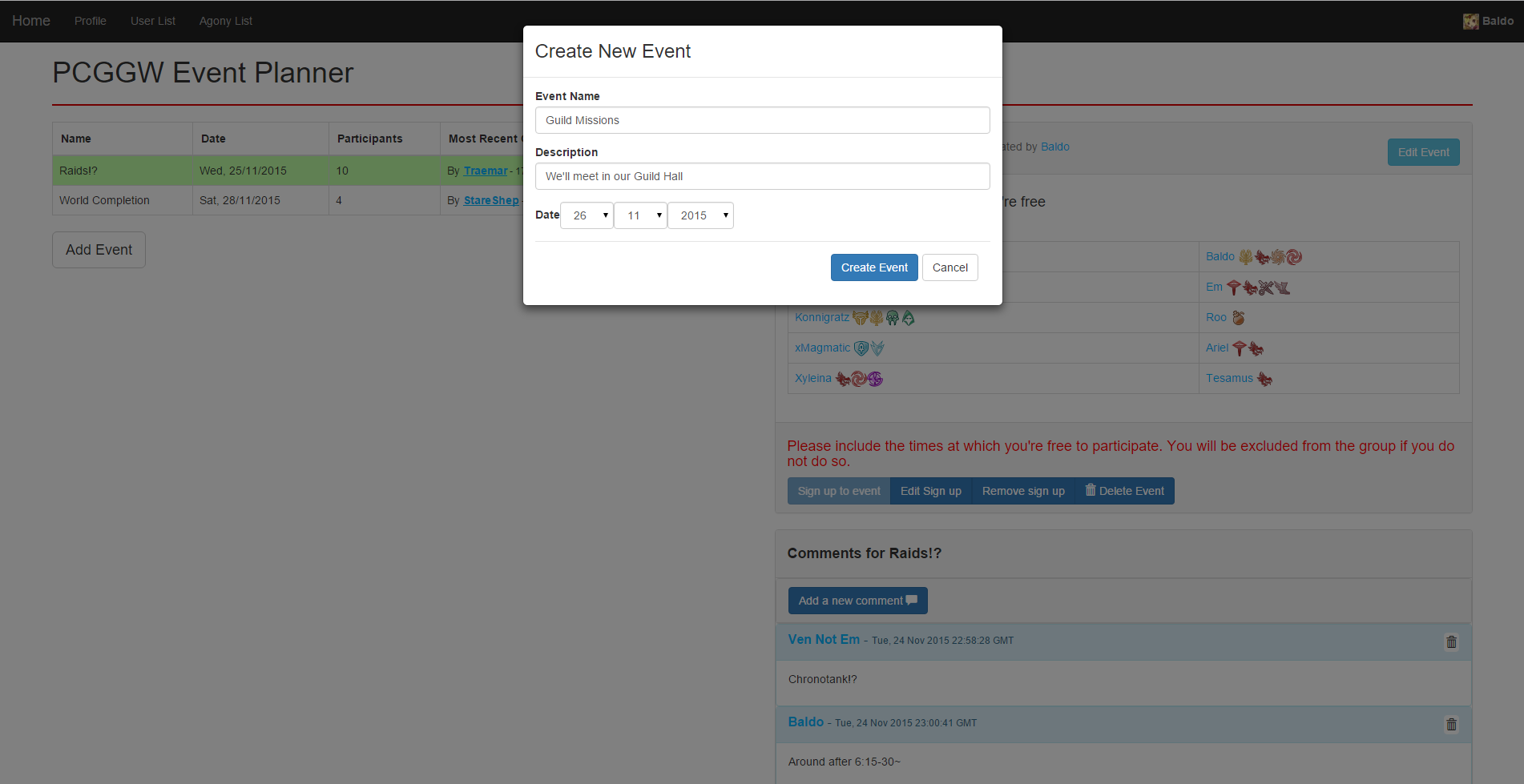 Adding an event. Events cannot be created in the past