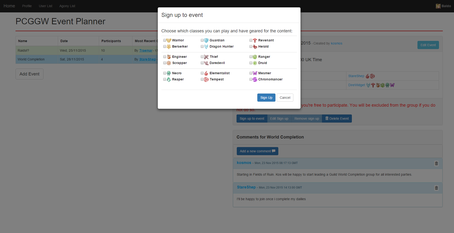Signing up to an event. When signing up, users must select at least one in-game class they will play