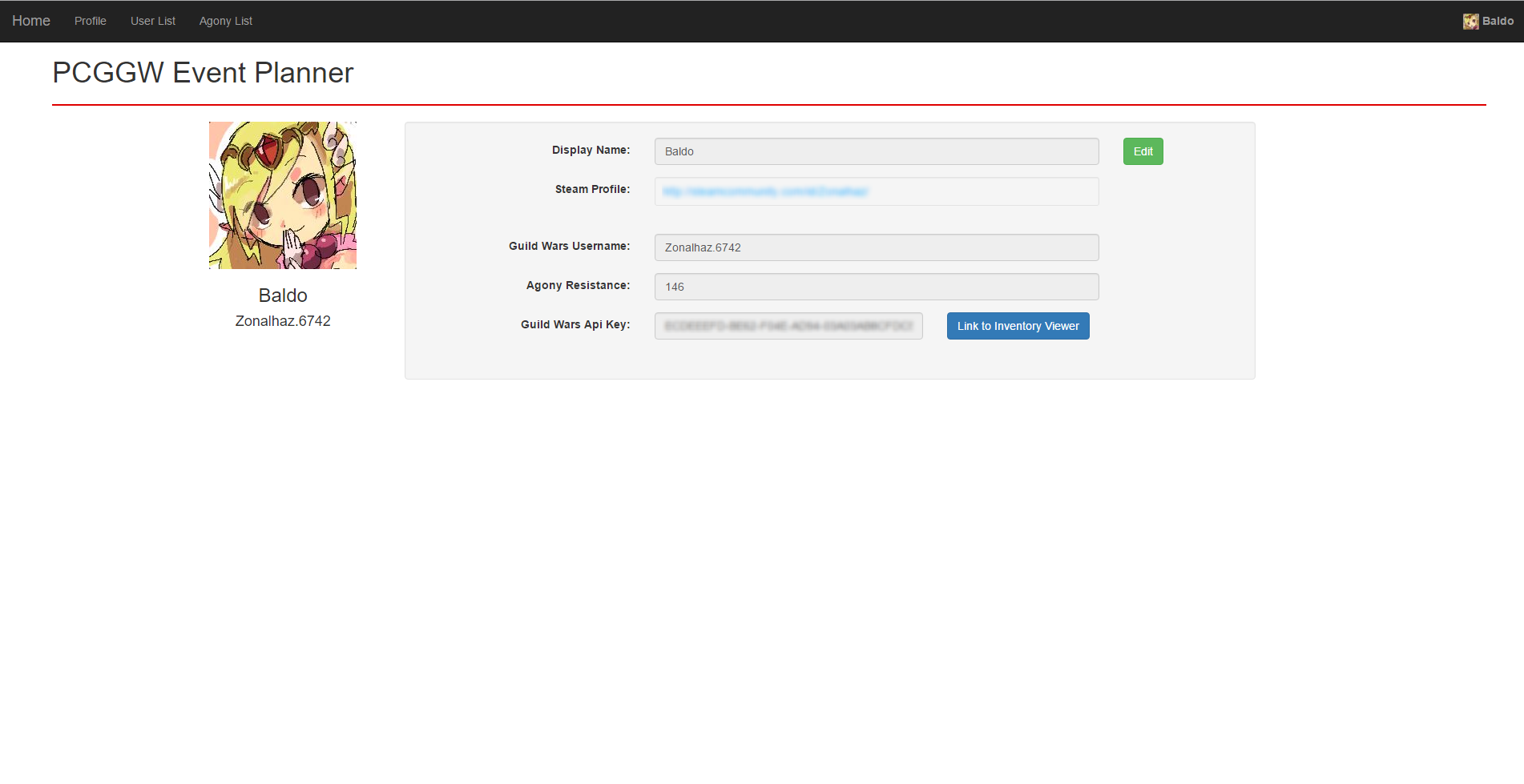 The logged in user’s profile page